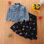 Children'S Outfit Sets Girls Long Sleeve Denim Jacket Butterfly Print Skirt Suit for sale