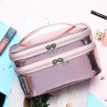 Multifunctional Shiny Rose Gold PU Double Layer Cosmetic Bag for sale