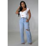 Fashion Loose Light Blue Denim Pants Wide Leg Ripped Jeans For Women for sale