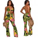 Printed One Piece Deep V Jumpsuits Bandage Flare Backless Jumpsuit