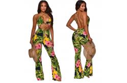 China Printed One Piece Deep V Jumpsuits Bandage Flare Backless Jumpsuit supplier