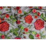 Bridal 3D Floral Embroidered Mesh Fabric , Red Flower Bridal Embroidered Net Fabric for sale