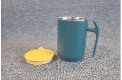 China Plain Green Double Wall Keep Warm Metal Steel Coffee Mug With Lid Spoon supplier