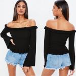Spring Black Frill Knit Woman Crop Top Clothing Tops for sale
