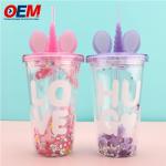 Customized PP Double Wall Cup With Straw OEM 450ml Plastic Cup Made High Quality Cute Unicorn Water Cup for sale