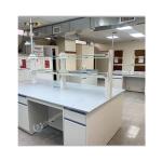 Adjustable White Laboratory Island Bench All Steel Lab Bench With 2 Shelves And 4 Wheels for sale