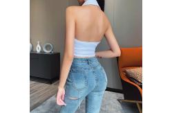 China Backless Button Front Women Crop Top , Sleeveless Cotton Halter Tank Top supplier