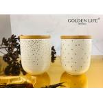 Fine Bone China 350cc Mug without Hand With Spot Real Gold Design Canister With Bamboo Lids for sale