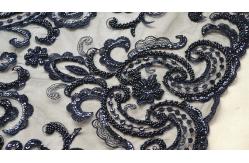China Black Heavy Beaded Mesh Fabric By The Yard , Embroidered Net Fabric With Beads supplier