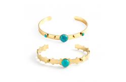 China Natural Stone Turquoise 18K Gold Plated Bangles For Women Adjustable supplier
