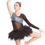 Ballet Dance Competition Costumes V Neckline Glitter Bodice Black Single Sleeve Dress for sale
