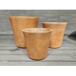 China minic woven fabrics warm earthy brown tone textured dotted pattern round fiber clay planter lightweight durable low-maintainence flower pot holiday Villa office decoration garden landscaping project factory