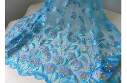 China Luxurious Embroidery Ice Blue Beaded Lace Fabric With Ginkgo Leaf Gold Pearl supplier