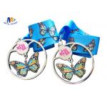 Shiny Silver Stock Dancing Butterfly Relief Medals Cut Out With Sublimated Ribbon