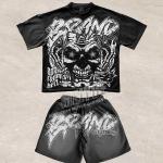 Boxy Dtg Crack Screen Print T Shirt And Shorts Set Acid Wash Two Piece Short Set for sale