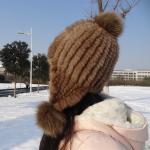 Natural Mink Fur Knit Earflap Winter Sheepskin Hats Hat Pom Pom Striped Style for sale