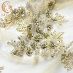 Gold Rhinestones Bridal Lace Fabrics Polyester Decoration 55 Inch Width for sale