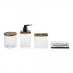 Glass Bathroom Accessories Set Wood Pump Ribbed Vertical Stripe Soap Dispenser Tumbler for sale