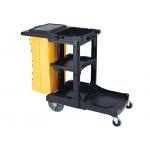 Black Plastic Cleaning Cart with 3 Shelves and Yellow Vinyl Bag 4'' Non - Marking Casters and 8 Rear Wheels for sale