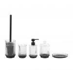 Clear Glass Bath Accessories Set Round Shape With Vertical Stripe And Black Printing Base Glass Soap Dispenser Cotton Jar Tumbler Holder for sale