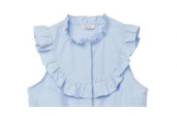 China Polyester Ruffled Collar Pool Blue Women Sleeveless Shirts supplier