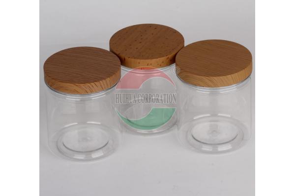 Wooden Lid Silk Screen Clear Pet Jars for Beans , PET Plastic Jars