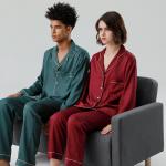 Women Men Sleepwear Valentines Long Sleeve Plain Silk Pajamas Plus Size for sale