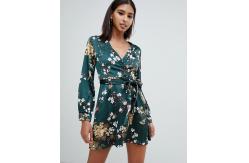 China OEM fashionable green floral satin wrap mini tea dress supplier