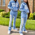 Custom Distressed Streetwear Full Zip up 2 Piece Hoodie Slim Fit Jogging Suits Puff Embroidery Sweatpants and Hoodie Women Set for sale
