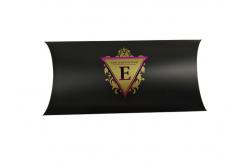 China Custom Black Paper Pillow Box Packaging With Hot Stamping Purple Logo supplier