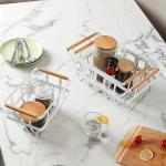 Home Kitchen Decorative White Metal Wire Storage Basket with Wood Handle for sale