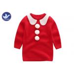 Jaquard Collar Girls Knitted Dress , Girls Red Jumper Dress With Fluffy Ball Decoration for sale