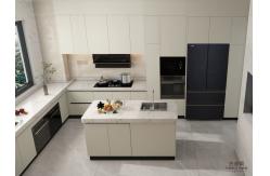 China Off-White Stainless Steel U-Shaped Kitchen Cabinet With Seamlessly Integrated Design supplier