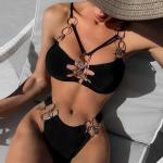 Split Ladies Black Swim Suit Nylon Ring Buckle 2 Piece Bathing Suits Sexy Covered for sale