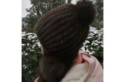 China Natural Mink Fur Knit Earflap Winter Sheepskin Hats Hat Pom Pom Striped Style supplier