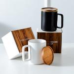 Custom Large 15oz Nordic Matte Black White Ceramic Coffee Mug with Wooden Lid Gift Box for sale