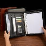 A4 Zippered Leather Business Portfolio Multifunctional Waterproof With Power Bank