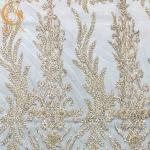 White Nigerian Wedding Dress Beaded Lace Fabric 91.44Cm Length for sale