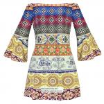 strapless short printed women dress with pattern design in puff sleeve