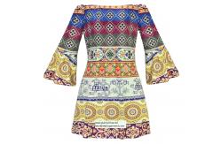 China strapless short printed women dress with pattern design in puff sleeve supplier