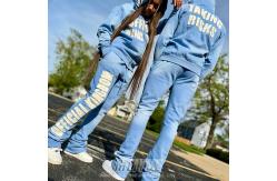 China ODM Distressed Tracksuit Full Face Zip Up  Sweatshirt And Joggers Set Puff Embroidered supplier