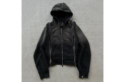 China Custom Patch Triple Zip Up Heavy Weight French Terry Faded Acid Wash Hoodie supplier