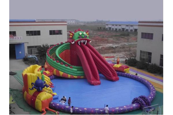 Large Scale Inflatable Water Parks / Dragon Pool And Slide Inflatables
