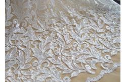 China Scalloped Edge White Sequin Mesh Fabric For Party Gown Rich Leaves Design supplier