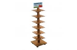 China 4 Sided Revolving Display Stand Wooden Fruit Display Shelf with Wheels supplier