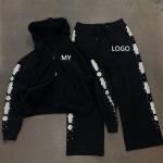 Custom Acid Wash Sweatsuit Embroidery Patchwork Cotton Hoodie Jogging Suits Flared Sweatpants and Hoodie Set Tracksuits for Men for sale
