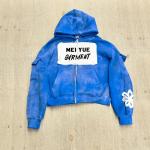 Embroidered Patch Men Streetwear Rhinestone Hoodie Oversized Unisex Zip Up Hoodie for sale