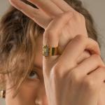 Opening Adjustable Gold Plated Band Rings Geometric Natural Turquoise Gemstone