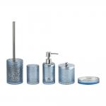 Stylish Pink Glass Bathroom Accessories Set with Round Shape and Ribbed Vertical Stripe Soap Dispenser for sale