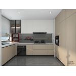 Modern U-Shaped Wood Grain Stainless Steel Kitchen Cabinet With Vibrant Red Open Shelf for sale